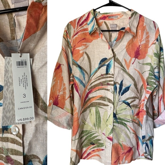 Chico's linen shirt NEW palm royal size xl button down Tropical Print Top - Picture 1 of 6
